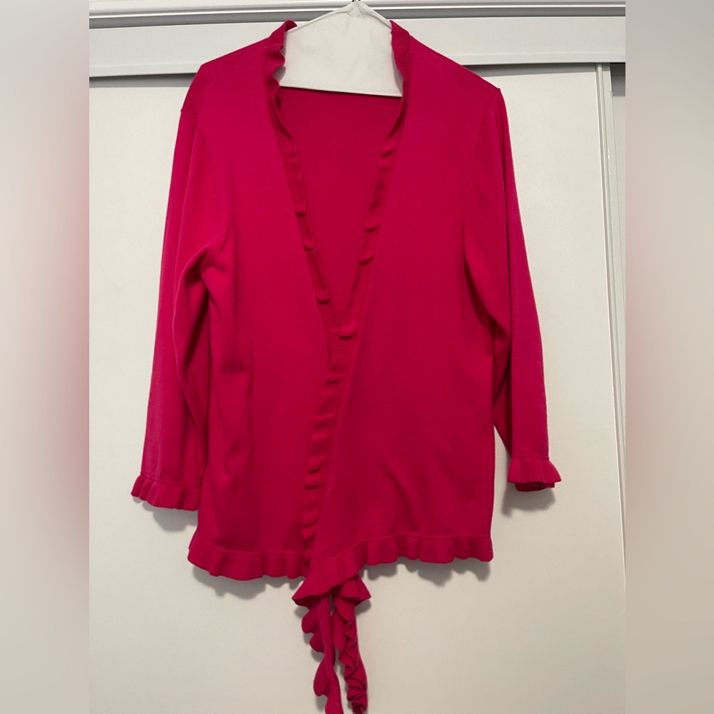 Dialogue 100% Cotton Pink Open Ruffled Tie Up Cardigan